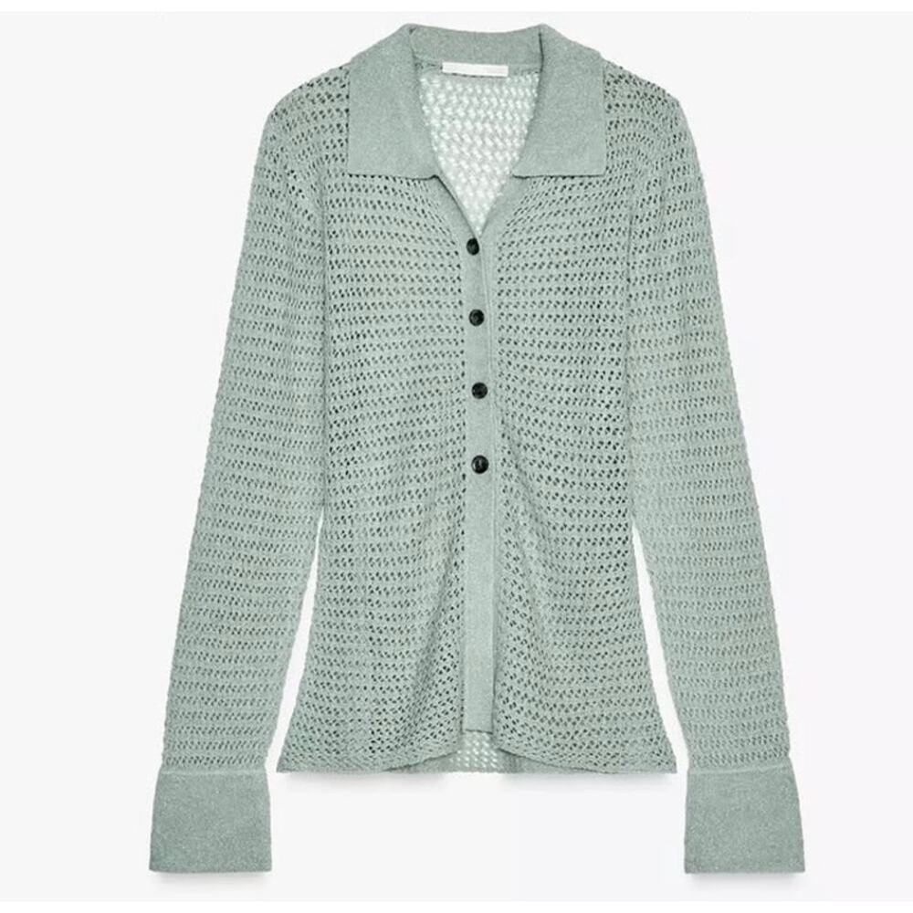 Zara Sz M Sage Green Open Knit Sheer Crochet Button Down Cardigan Sweater Top